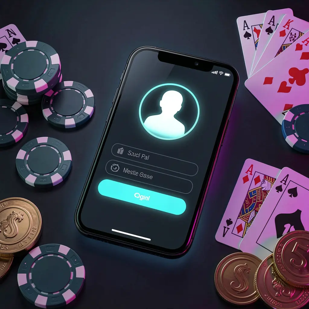 FX 99 casino app login scene on a smartphone with glowing user profile icon, surrounded by chips, cards, and coins against an elegant dark background with neon highlights