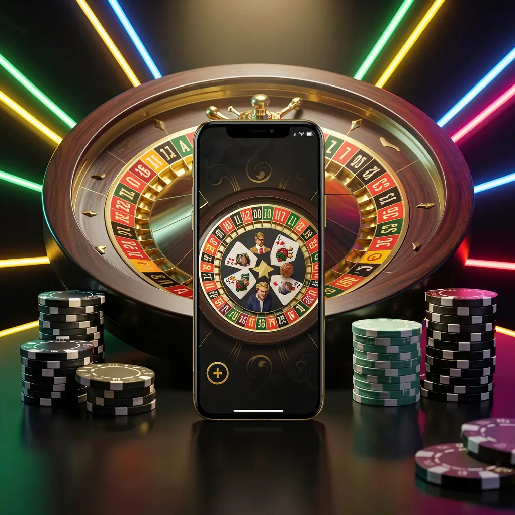 FX 99 mobile casino application scene featuring a phone in the center with a roulette wheel and poker chips in the background, illuminated by glowing neon lights in a premium black and gold style