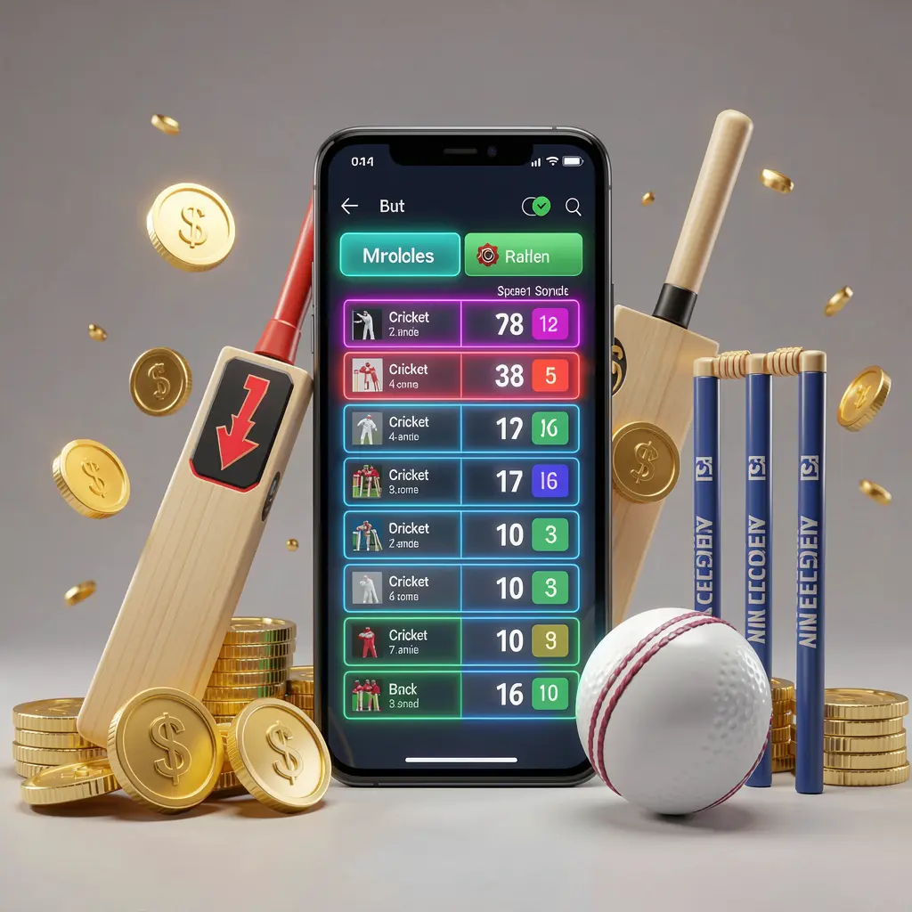 FX 99 modern cricket betting visual featuring a smartphone displaying glowing cricket odds interface surrounded by a cricket bat, ball, wickets, and golden coins in a premium 3D illustration