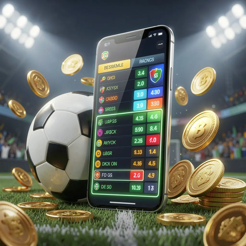 FX 99 modern football betting visual featuring a smartphone with glowing sports odds interface, a soccer ball, golden coins, and stadium lights in a premium 3D illustration