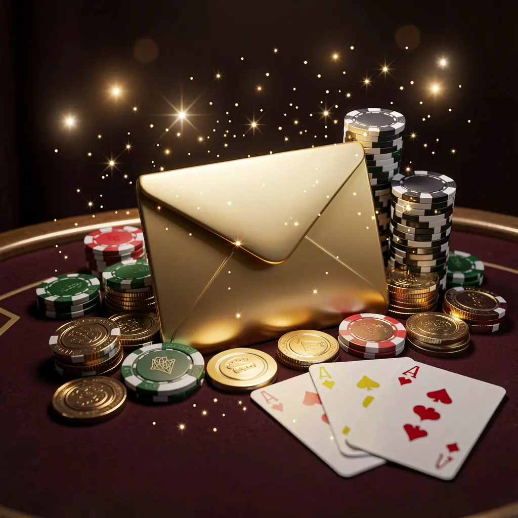 FX 99 exclusive casino promotion scene featuring a golden envelope surrounded by chips, coins, and playing cards with sparkling lights on a luxury dark background FX 99 exclusive casino promotion scene featuring a golden envelope surrounded by chips, coins, and playing cards with sparkling lights on a luxury dark background