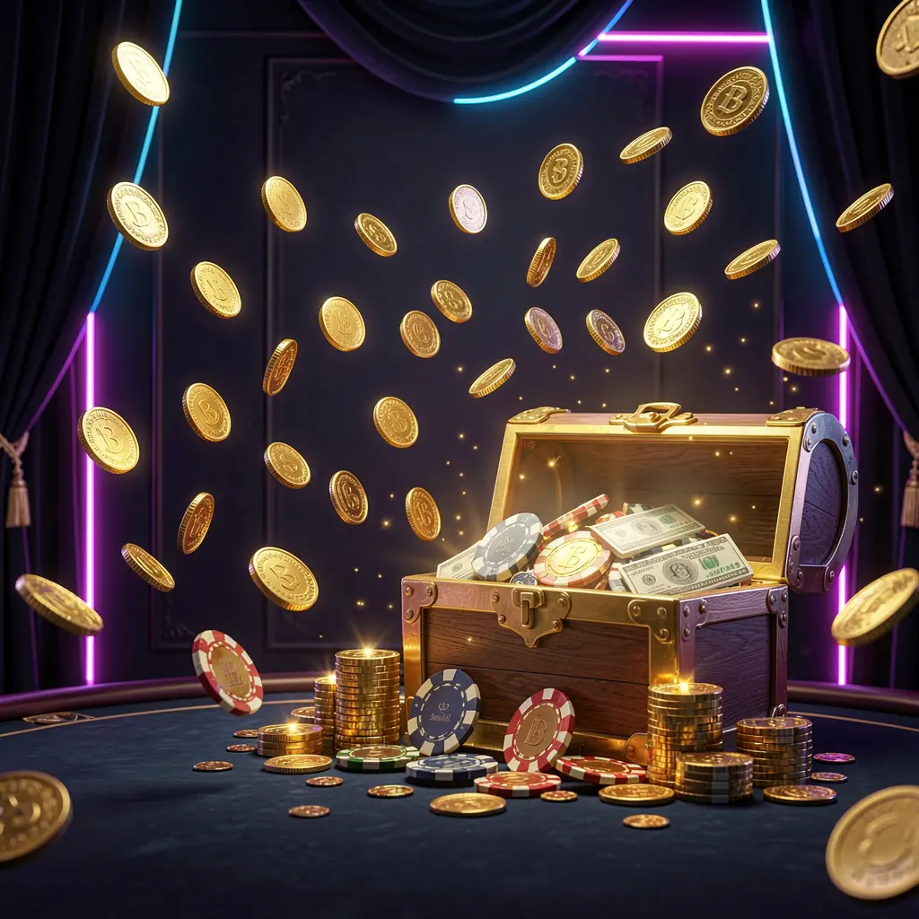 FX 99 premium online casino bonus banner featuring golden coins flying in the air and a glowing treasure chest filled with chips and cash against a luxury dark background with neon accents in an elegant casino style FX 99 premium online casino bonus banner featuring golden coins flying in the air and a glowing treasure chest filled with chips and cash against a luxury dark background with neon accents in an elegant casino style