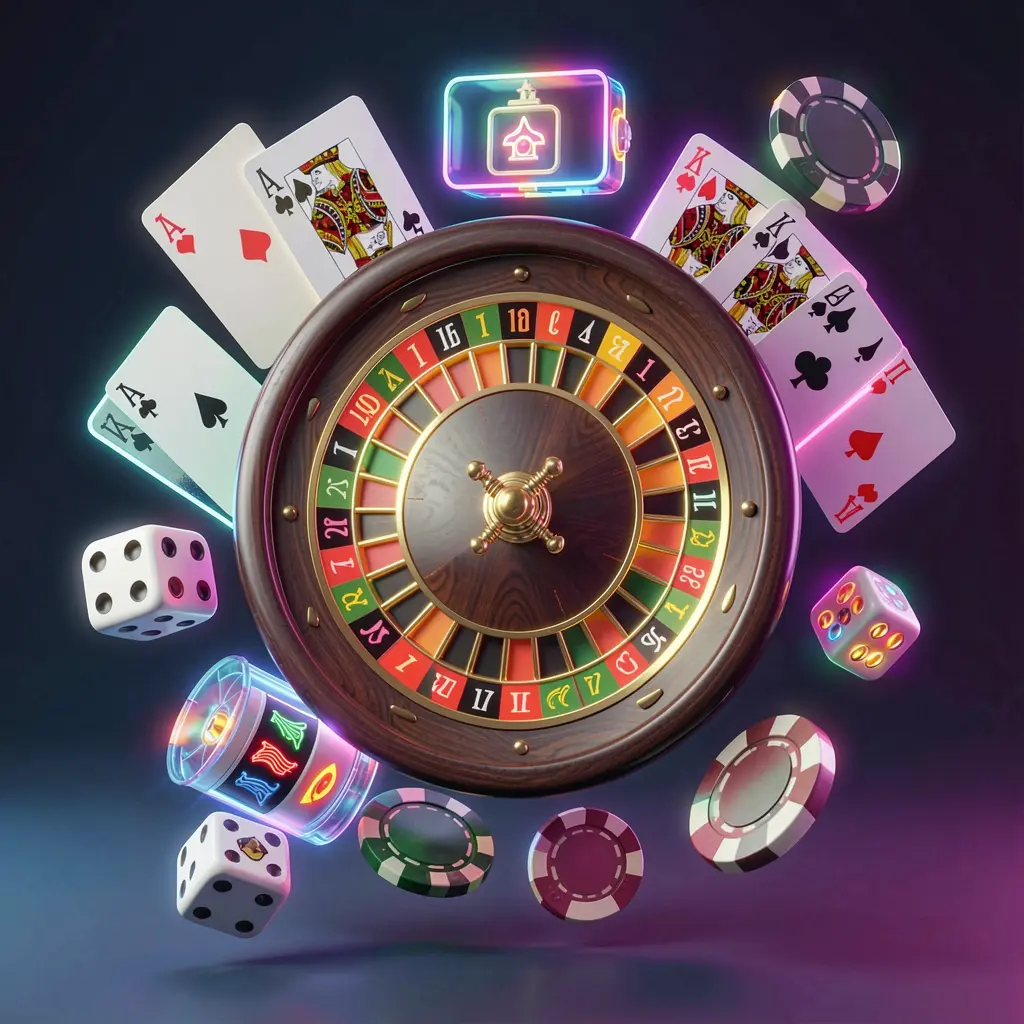 FX 99 online casino games collection featuring a neon glowing roulette wheel, blackjack cards, dice, slot symbols, and poker chips floating together in a premium 3D render FX 99 online casino games collection featuring a neon glowing roulette wheel, blackjack cards, dice, slot symbols, and poker chips floating together in a premium 3D render
