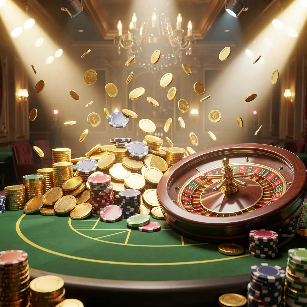 FX 99 casino jackpot scene featuring golden coins, poker chips, and a roulette wheel with bright glowing lights in a luxury celebration atmosphere FX 99 casino jackpot scene featuring golden coins, poker chips, and a roulette wheel with bright glowing lights in a luxury celebration atmosphere