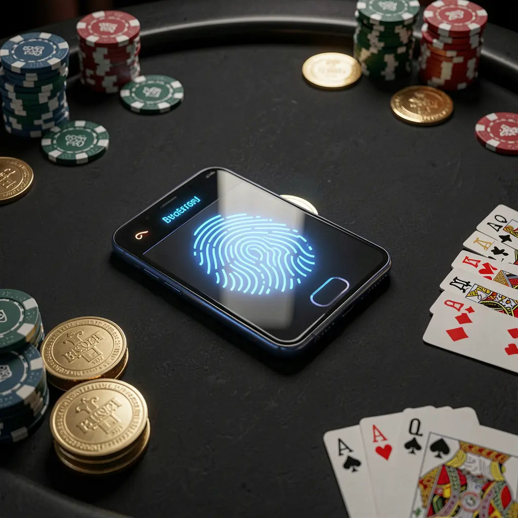 FX 99 online casino authentication concept showing a phone with glowing fingerprint scan on a premium black table surrounded by poker chips, golden coins, and playing cards in a cinematic 3D render FX 99 online casino authentication concept showing a phone with glowing fingerprint scan on a premium black table surrounded by poker chips, golden coins, and playing cards in a cinematic 3D render