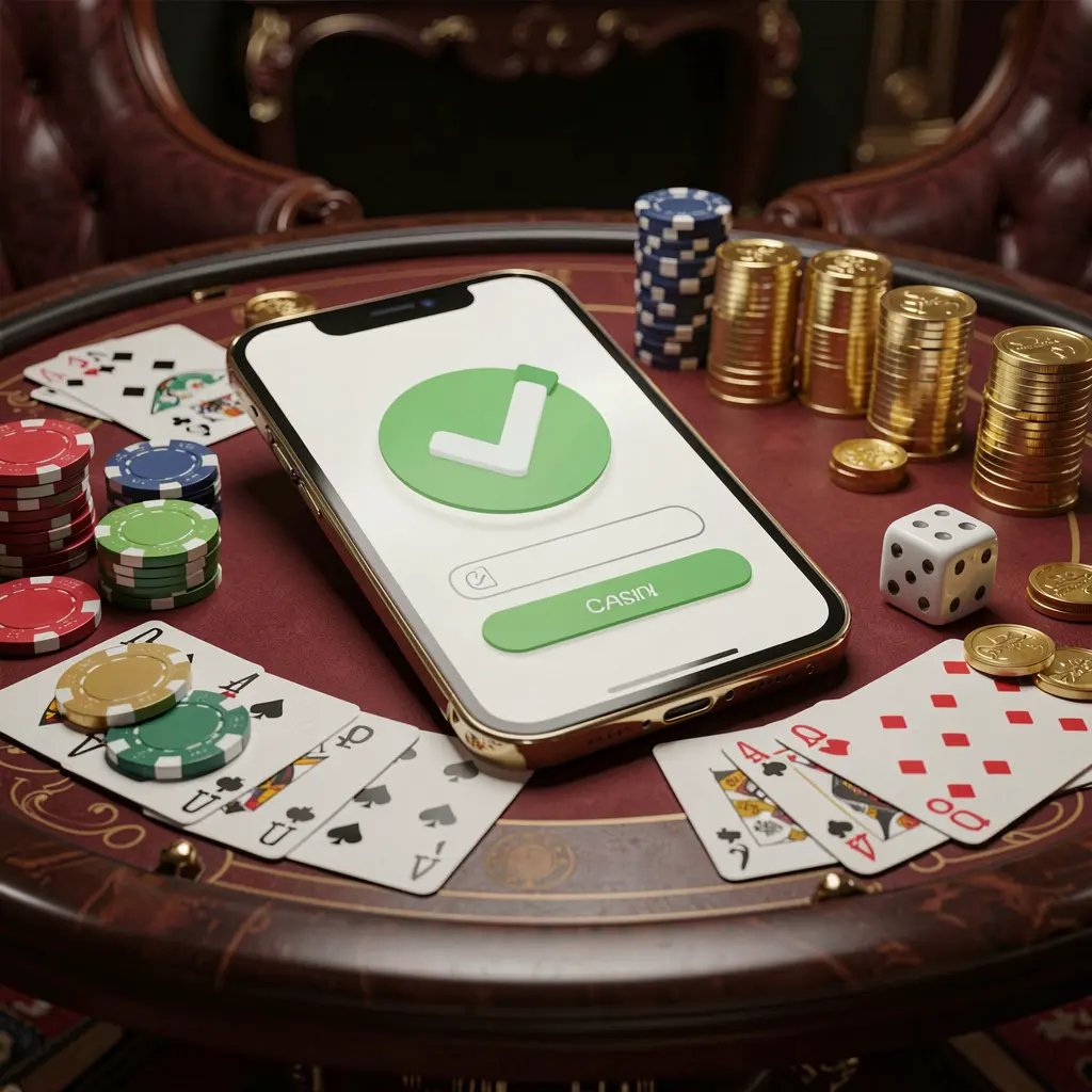 FX 99 safe casino login concept showing a smartphone with a verification checkmark icon surrounded by chips, cards, dice, and golden coins on an elegant luxury casino table in a 3D realistic render FX 99 safe casino login concept showing a smartphone with a verification checkmark icon surrounded by chips, cards, dice, and golden coins on an elegant luxury casino table in a 3D realistic render