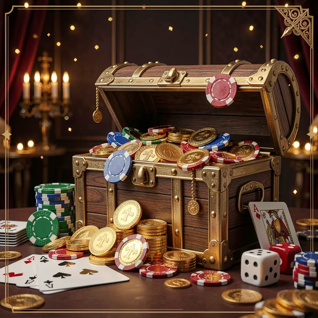 FX 99 online casino welcome banner featuring a treasure chest filled with golden coins and casino chips, surrounded by playing cards and dice against a dark luxury background with a festive premium atmosphere
